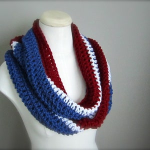 Crochet Red, White, and Blue, NHL, New York Rangers Hockey, Football, Soccer, Olympic Sports Team Colors Infinity Scarf, Men's Scarf, Un image 5