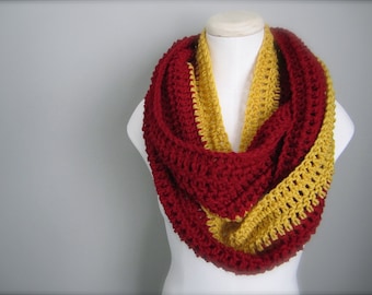 Crochet Red and Gold NHL, Hockey, Football, Soccer, Calgary Flames Sports Team Colors Infinity Scarf, Men's Scarf, Unisex Scarf