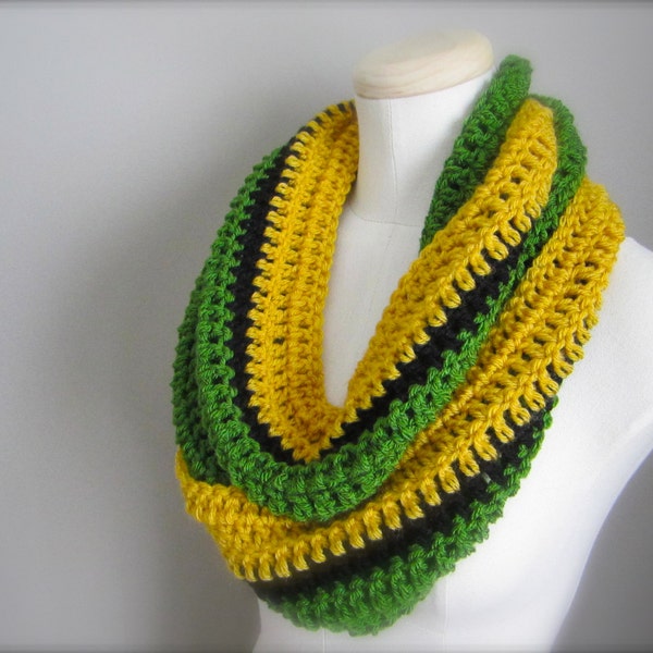 Crochet Green, Black, and Gold, Yellow  NHL Hockey, Team Jamaica Colors Infinity Scarf, Unisex Scarf, Men's Scarf