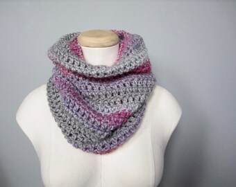 Crochet Striped Cowl, Pink, Purple, Grey, Acrylic Neck Warmer
