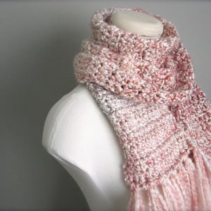Crochet Pink, Peach, Cream, Winter White, Off White, White Classic Fringe Scarf, Women's Scarf, Men's Scarf, Unisex Scarf