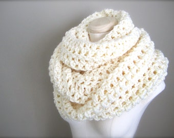 Crochet Extra Wide, Extra Long, Chunky, Ivory, Off White, Winter White, Cream Cowl Infinity Scarf, Women's Scarf, Men's Scarf, Unisex Scarf