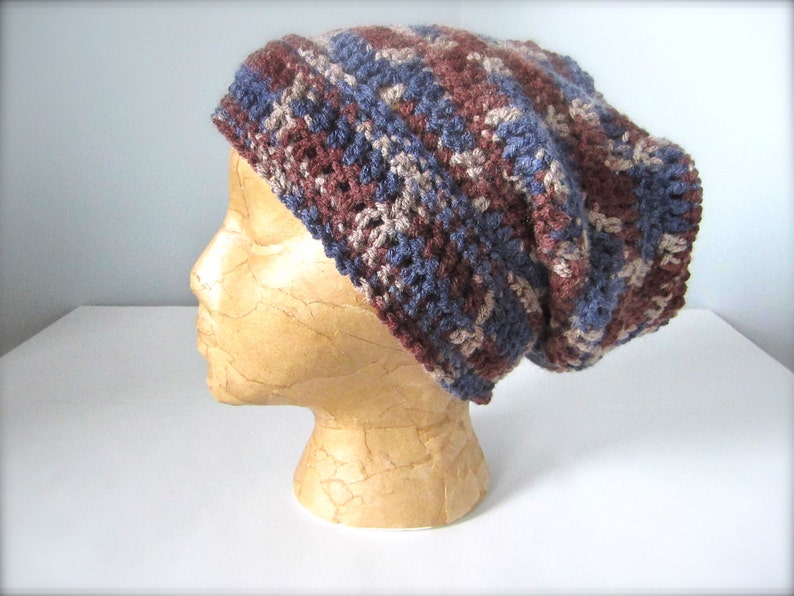 Crochet Brown Coffee Chocolate Deep Blue Midnight Blue Light Brown Mocha Earth Tone Multicolored Slouchy Hat, Beanie Hat, Adult Hat image 2