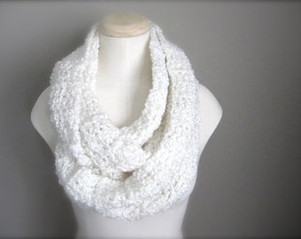 Crochet White Infinity Scarf, Chunky Acrylic, Unisex