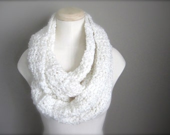 Crochet White, Snow White Infinity Scarf, Women's White Scarf, Men's White Scarf, Unisex Scarf