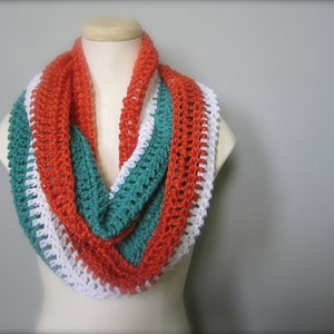 Crochet Teal Turquoise, Orange, and White NHL, Hockey, Football, Soccer, Miami Dolphins Colors Infinity Scarf, Men's Scarf, Unisex Scarf image 1