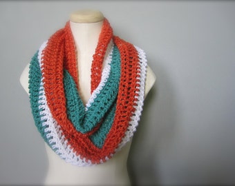 Crochet Teal Turquoise, Orange, and White NHL, Hockey, Football, Soccer, Miami Dolphins Colors Infinity Scarf, Men's Scarf, Unisex Scarf