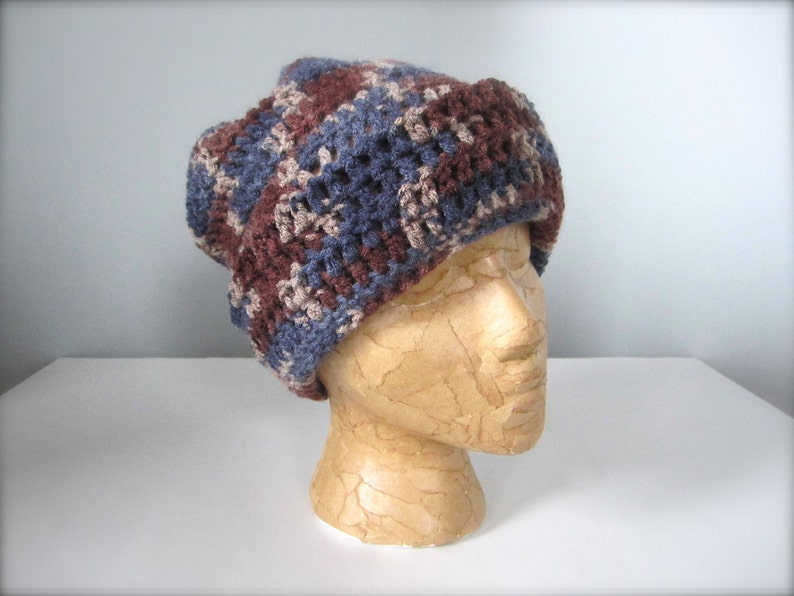 Crochet Brown Coffee Chocolate Deep Blue Midnight Blue Light Brown Mocha Earth Tone Multicolored Slouchy Hat, Beanie Hat, Adult Hat image 5