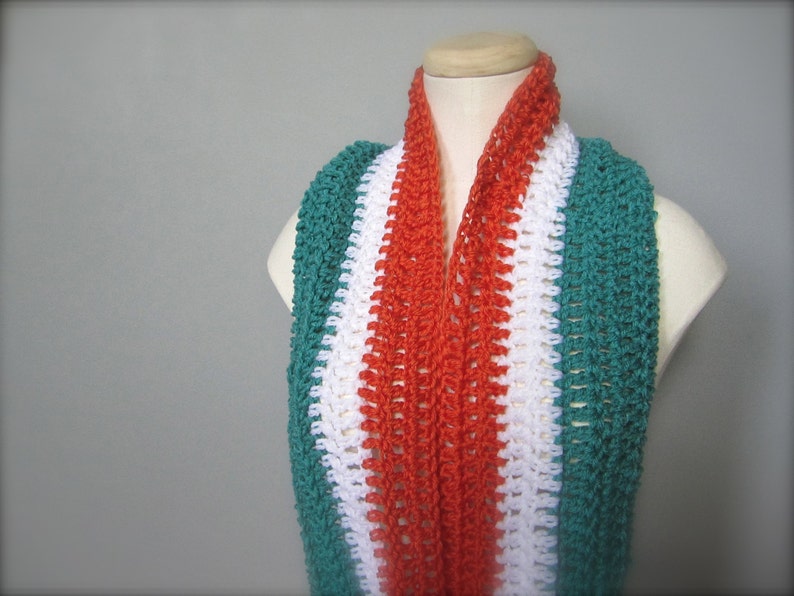 Crochet Teal Turquoise, Orange, and White NHL, Hockey, Football, Soccer, Miami Dolphins Colors Infinity Scarf, Men's Scarf, Unisex Scarf image 4