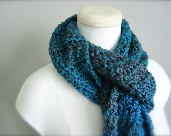 Crochet Blue Turquoise Ombre Scarf, Handmade Acrylic Fringe Scarf
