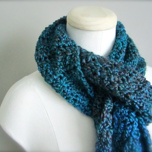 Crochet Blue Turquoise, Teal, Deep Purple Classic Fringe Handmade Scarf, Women's Scarf, Men's Scarf, Unisex Scarf