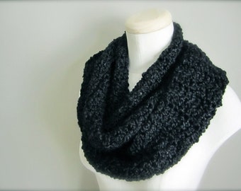 Crochet Classic Basic Black Infinity Scarf, Women's Scarf, Men's Scarf, Unisex Scarf