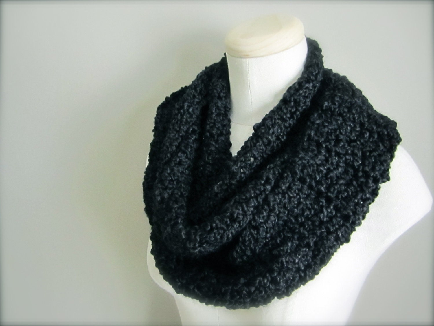 Crochet Classic Basic Black Infinity Scarf, Women's Scarf, Men's Scarf, Unisex Scarf