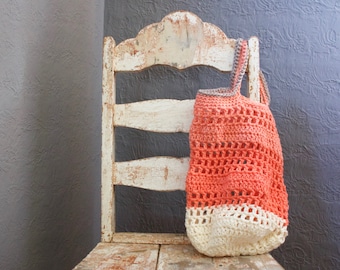 Crochet Eco Friendly Market Bag, Tote Bag, Farmers' Market Bag, Mesh Bag, Net Bag Washable, Reusable Peach Salmon Cream