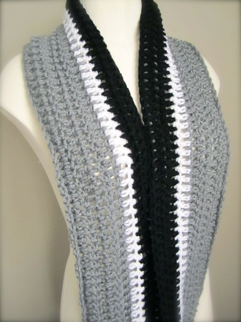 Crochet Black, Grey/Silver, and White NHL, L.A. Kings Hockey, Football, Soccer Team Colors Infinity Scarf, Men's Scarf, Unisex Scarf image 3