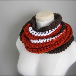 Crochet Brown, White, and Orange NHL, Cleveland Hockey, Football, Soccer, Team Colors Infinity Scarf, Men's Scarf, Unisex Scarf