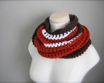 Crochet Brown, White, and Orange NHL, Cleveland Hockey, Football, Soccer, Team Colors Infinity Scarf, Men's Scarf, Unisex Scarf