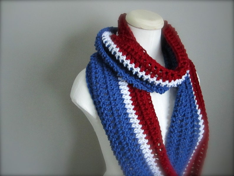 Crochet Red, White, and Blue, NHL, New York Rangers Hockey, Football, Soccer, Olympic Sports Team Colors Infinity Scarf, Men's Scarf, Un image 4