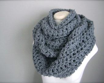 Crochet Chunky Thick Extra Long, Handmade Steel Grey, Charcoal Grey Cowl Infinity Scarf, Women's Scarf, Men's Scarf, Unisex Scarf