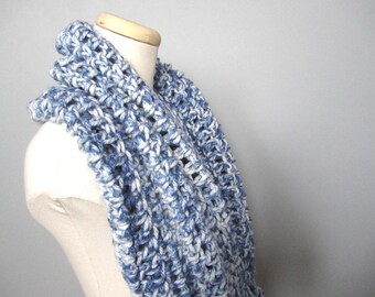 Crochet Royal Blue light Blue, Faded Denim Blue, and White Speckled Cowl Neck Scarf, Women's Scarf, Men's Scarf, Unisex Scarf