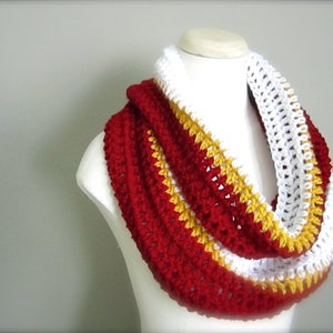 Crochet Red, White, and Gold NHL,Calgary Hockey, Football, Soccer, Sports Team Colors Infinity Scarf, Men's Scarf, Unisex Scarf image 4