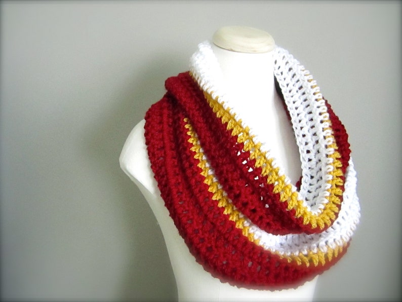 Crochet Red, White, and Gold NHL,Calgary Hockey, Football, Soccer, Sports Team Colors Infinity Scarf, Men's Scarf, Unisex Scarf image 4