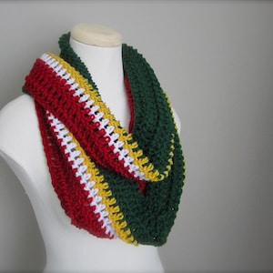 Crochet Green, Red, White, and Gold NHL, Minnesota Wild Hockey, Football, Sports Team Colors Infinity Scarf, Men's Scarf, Unisex Scarf