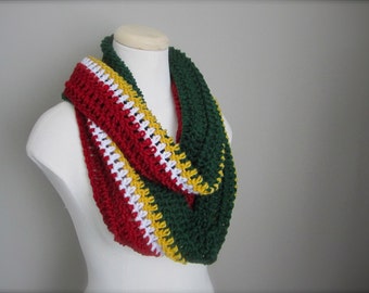 Crochet Green, Red, White, and Gold NHL, Minnesota Wild Hockey, Football, Sports Team Colors Infinity Scarf, Men's Scarf, Unisex Scarf