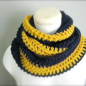 Crochet  Navy Blue and Gold Hockey Football, Notre Dame, Buffalo Sabres, Michigan Colors Infinity Scarf, Men&#39;s Scarf, Unisex Scarf