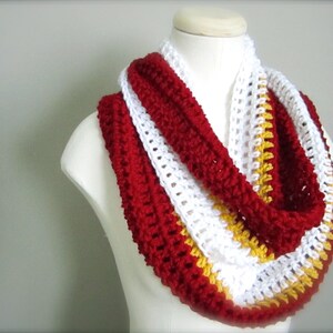 Crochet Red, White, and Gold NHL,Calgary Hockey, Football, Soccer, Sports Team Colors Infinity Scarf, Men's Scarf, Unisex Scarf image 2