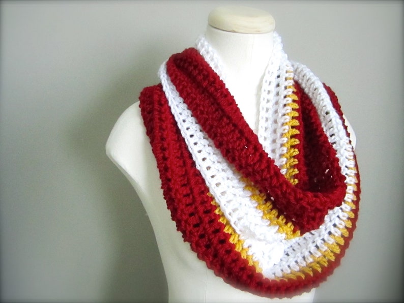 Crochet Red, White, and Gold NHL,Calgary Hockey, Football, Soccer, Sports Team Colors Infinity Scarf, Men's Scarf, Unisex Scarf image 2