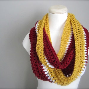 Crochet Red, White, and Gold NHL, Hockey, Football, Soccer, Sports Team Colors Infinity Scarf, Men's Scarf, Unisex Scarf