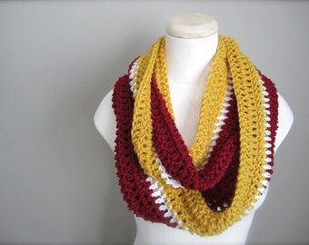 Crochet Red, White, and Gold NHL, Hockey, Football, Soccer, Sports Team Colors Infinity Scarf, Men's Scarf, Unisex Scarf