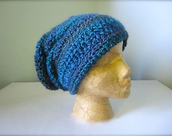 Crochet Turquoise, Teal, Purple, Plum, Blue Slouchy Hat, Beanie Hat, Men&#39;s Hat, Women&#39;s Hat