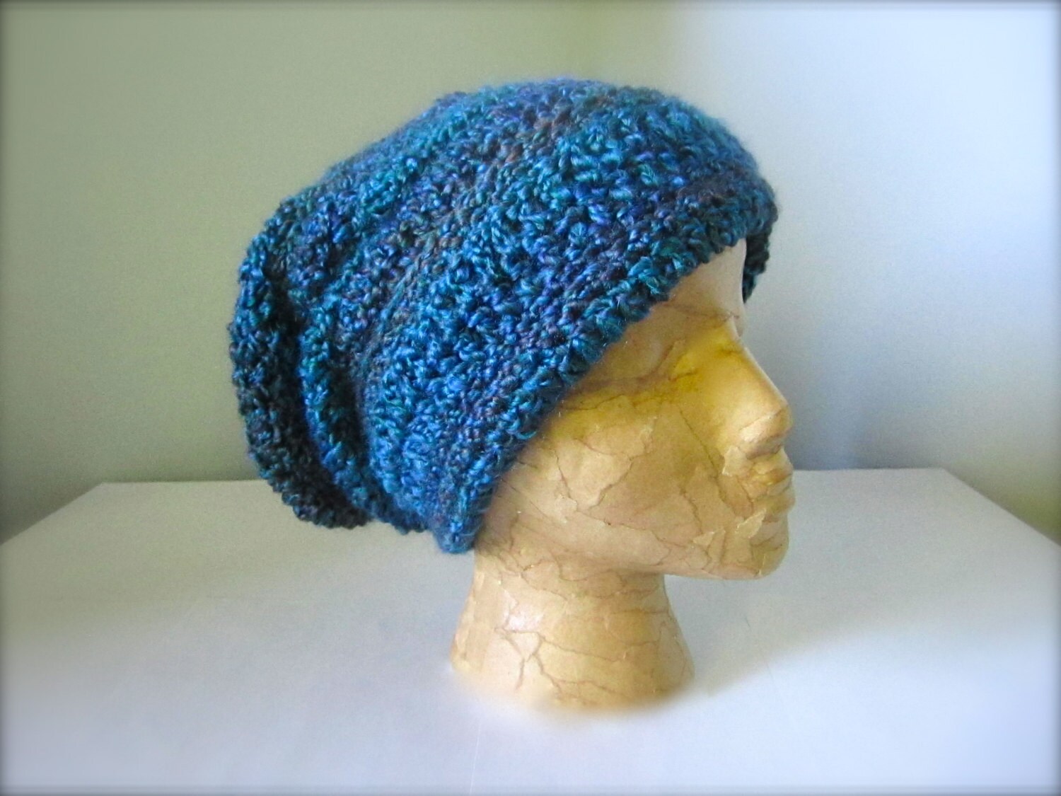 Crochet Slouchy Beanie Hat, Turquoise Teal Acrylic Yarn - Etsy