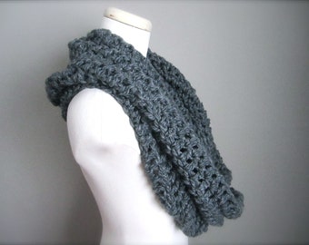 Crochet Charcoal Grey, Dark Grey Cowl Neck Infinity Scarf, Men's Scarf, Women's Scarf, Unisex Scarf