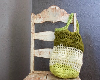 Crochet Eco Friendly Market Bag, Tote Bag, Farmers' Market Bag, Mesh Bag, Net Bag Washable, Reusable  Green Olive White Color Block