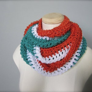 Crochet Teal Turquoise, Orange, and White NHL, Hockey, Football, Soccer, Miami Dolphins Colors Infinity Scarf, Men's Scarf, Unisex Scarf image 3