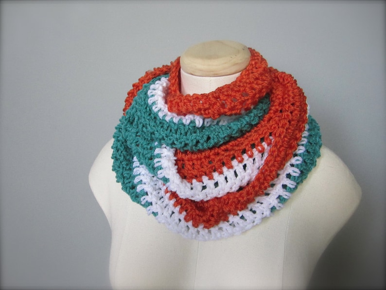 Crochet Teal Turquoise, Orange, and White NHL, Hockey, Football, Soccer, Miami Dolphins Colors Infinity Scarf, Men's Scarf, Unisex Scarf image 3