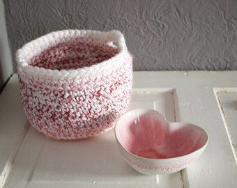 Handmade Crochet Valentine Pink, White, Burgundy, Peach Basket with Handles, Home Decor, Yarn Basket, Spa, Storage Basket