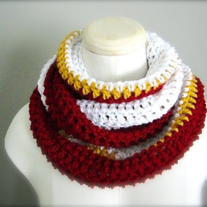 Crochet Red, White, and Gold NHL,Calgary Hockey, Football, Soccer, Sports Team Colors Infinity Scarf, Men's Scarf, Unisex Scarf image 1
