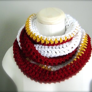 Crochet Red, White, and Gold NHL,Calgary Hockey, Football, Soccer, Sports Team Colors Infinity Scarf, Men's Scarf, Unisex Scarf