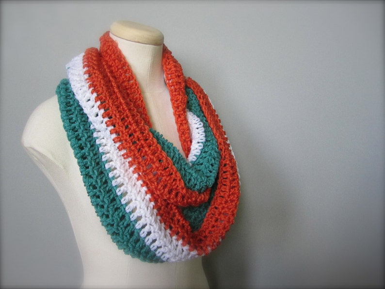 Crochet Teal Turquoise, Orange, and White NHL, Hockey, Football, Soccer, Miami Dolphins Colors Infinity Scarf, Men's Scarf, Unisex Scarf image 5