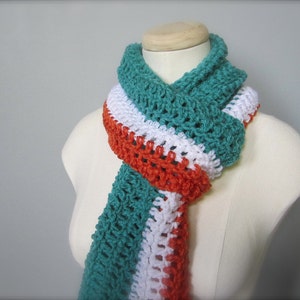 Crochet Teal Turquoise, Orange, and White NHL, Hockey, Football, Soccer, Miami Dolphins Colors Infinity Scarf, Men's Scarf, Unisex Scarf image 2
