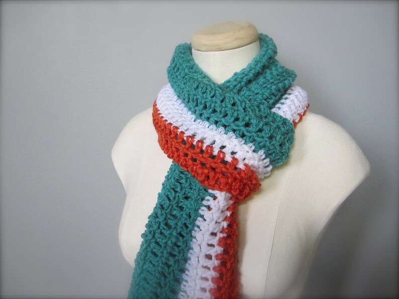 Crochet Teal Turquoise, Orange, and White NHL, Hockey, Football, Soccer, Miami Dolphins Colors Infinity Scarf, Men's Scarf, Unisex Scarf image 2