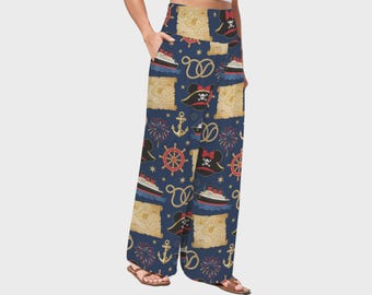 Navy Nautical Pirate Cruise Elastic High Waisted Pocket Wide Leg Women's Pants