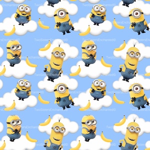 Peut inclure: Un motif répétitif sur fond bleu clair représentant des personnages Minions jaunes vêtus de salopettes en jean bleu, des nuages blancs duveteux et des bananes jaunes. Le texte TwoSistersEnchanted est visible sur tout le motif.