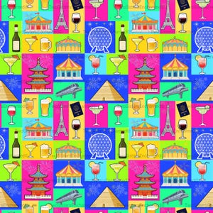 May include: A repeating pattern featuring colorful icons of the Eiffel Tower, a carousel, a pagoda, a pyramid, a geodesic dome, a monorail, passports, wine glasses, beer mugs, and cocktails against a grid of bright pink, blue, green, and yellow squares.