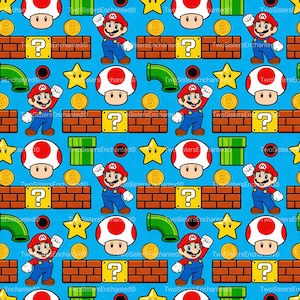 May include: A repeating pattern on a bright blue background featuring Mario characters in red and blue outfits, white and red spotted mushrooms, yellow stars, gold coins, green pipes, and brown brick blocks with white question marks.