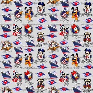 May include: A light gray fabric pattern featuring Disney characters in nautical attire, including Mickey Mouse, Minnie Mouse, Donald Duck, Daisy Duck, Goofy, Pluto, and Chip 'n Dale, alongside cruise ships, red Mickey icons, and character signatures.